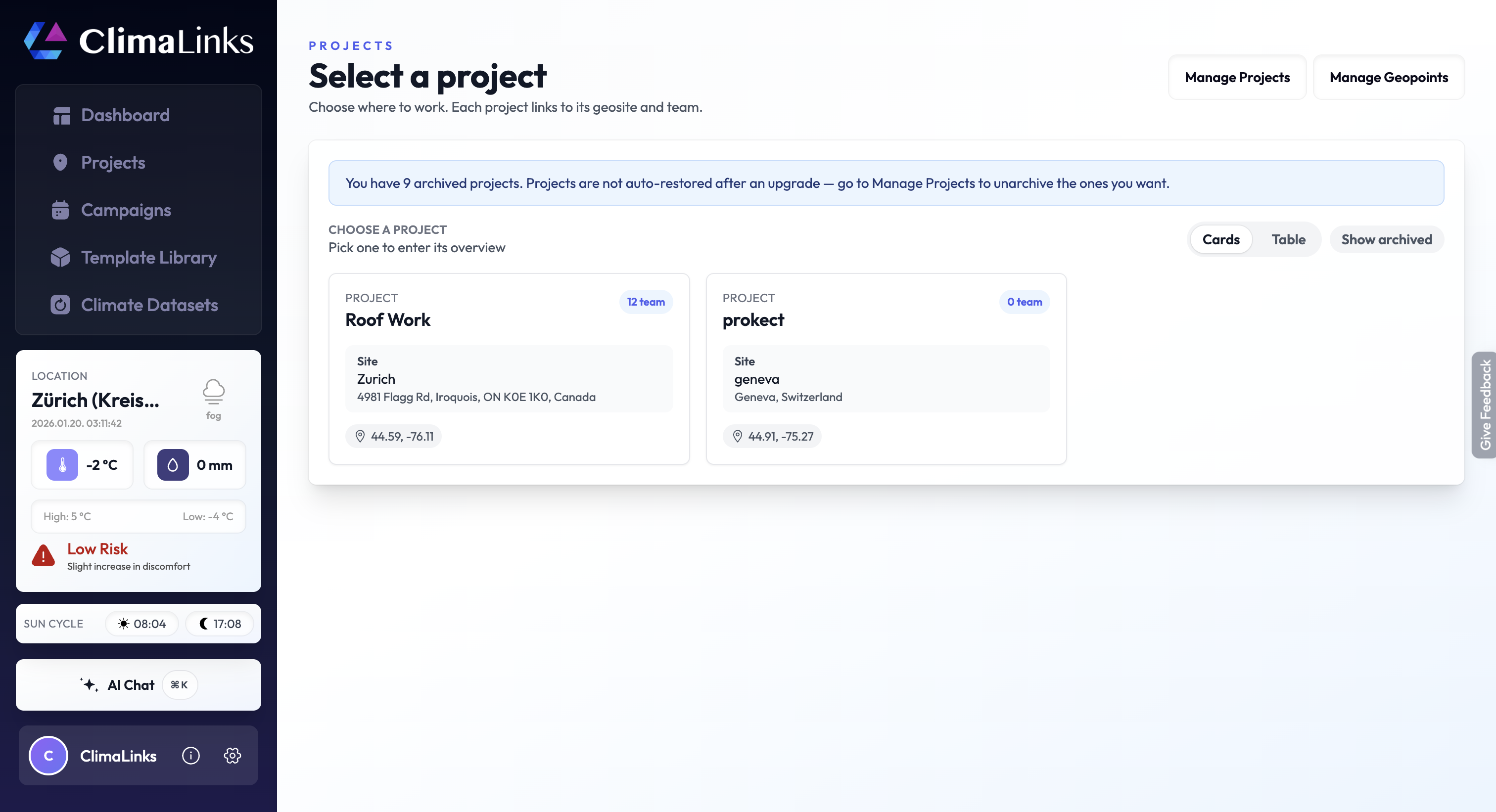Project selection page